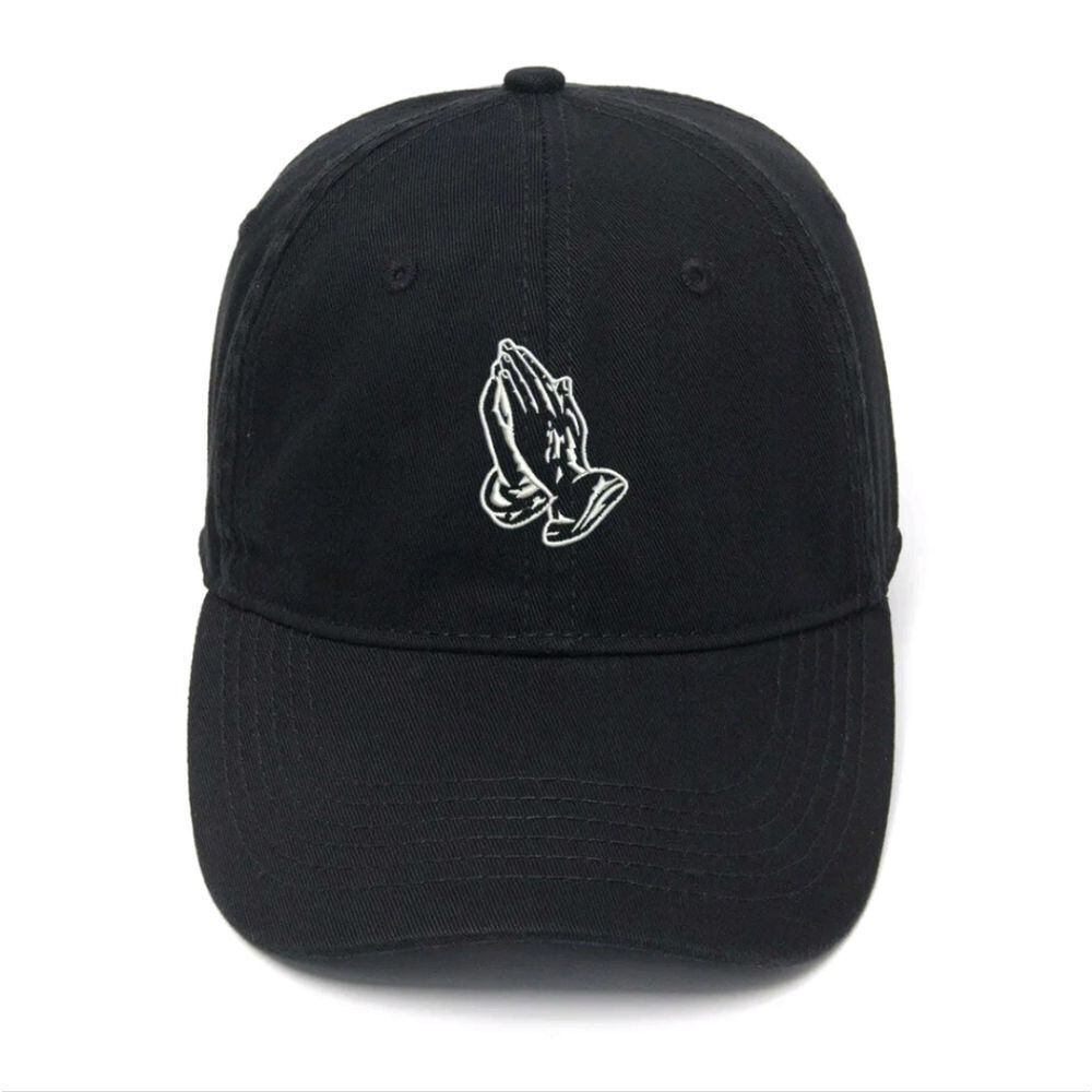 PrayingHandsStyle: Embroidered Front, Black Velcro Backstrap Hat, SerenityFashio